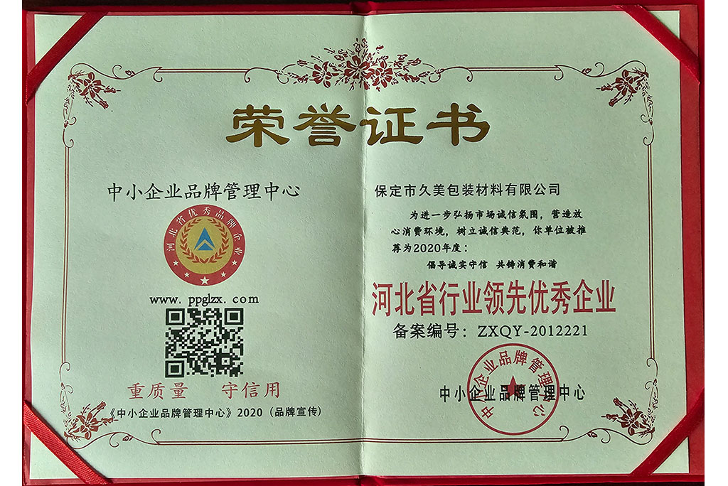 河北省行業領先優秀企業榮譽證書 河北省行業領先優秀企業榮譽證書
